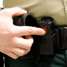 Officer pressing Duress Device alarm button